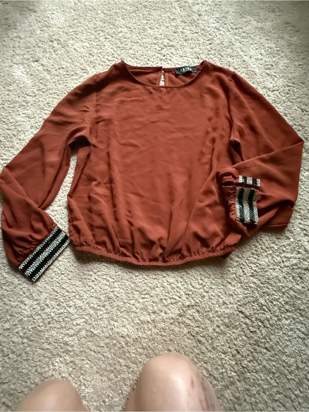 AKIRA Rust Long-Sleeve Top with Embellished Cuffs